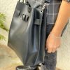 Black Leather Handbag Women Bucket Bag Crossbody Shopping