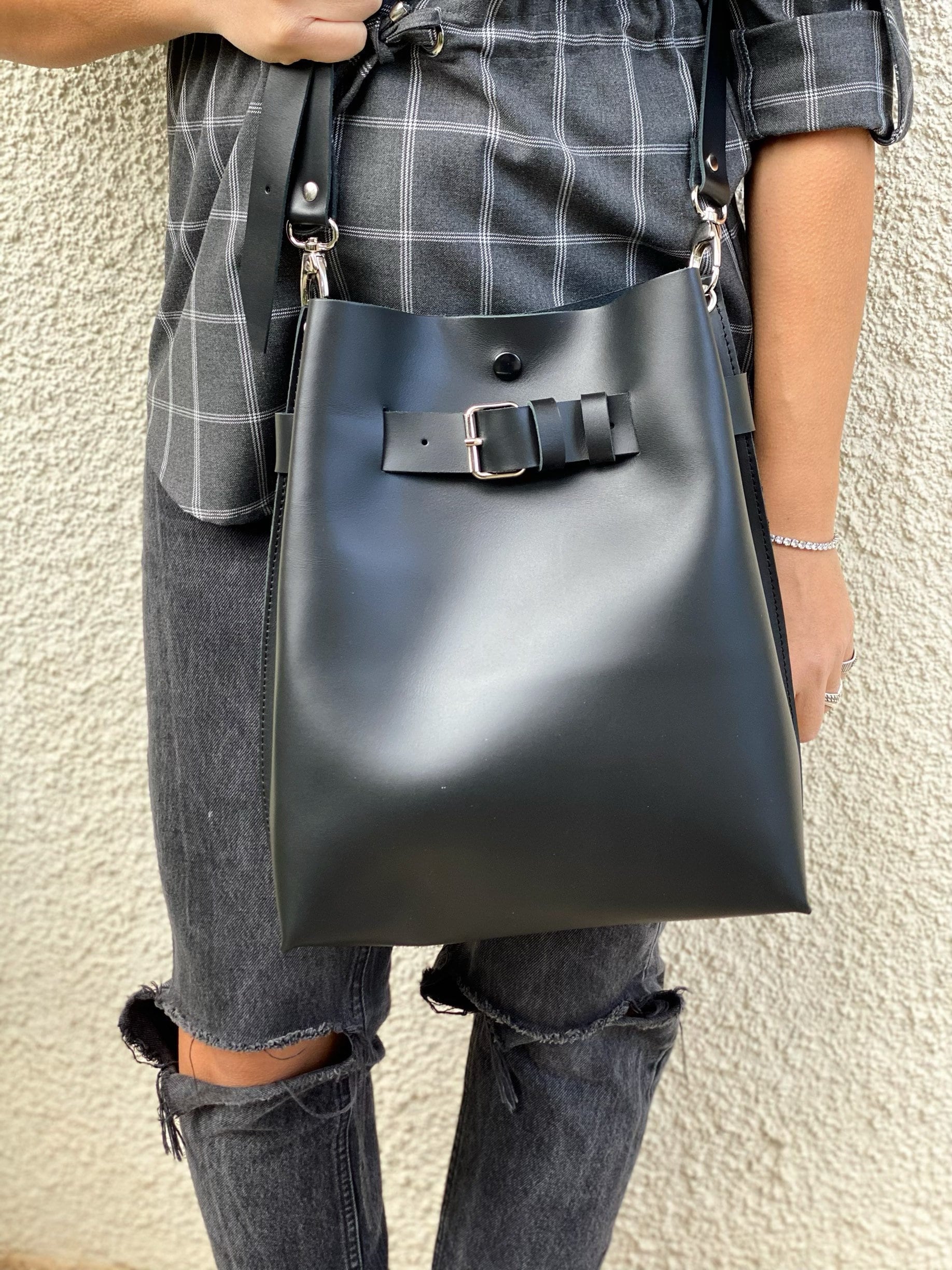 Black Leather Handbag Women Bucket Bag Crossbody Shopping