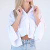 Cropped Button Shirt Cotton Collared Loose Blouse Top