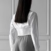 Cropped Button Collared Shirt White Cotton Fitted Blouse