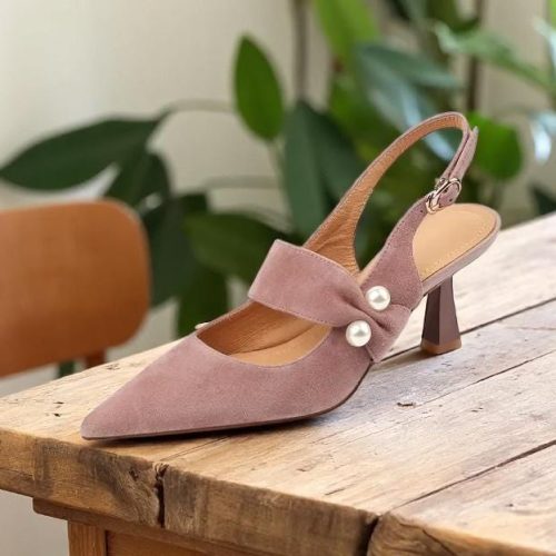 Suede Slingback Sandals: Pointed Toe Pearl Heels 6cm