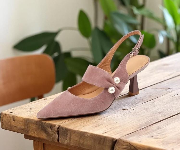 Suede Slingback Sandals: Pointed Toe Pearl Heels 6cm