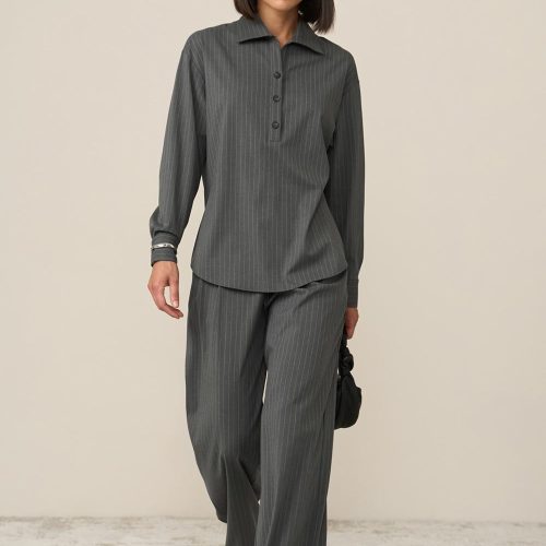 Pinstripe Polo Collar Shirt Button Front Business Casual