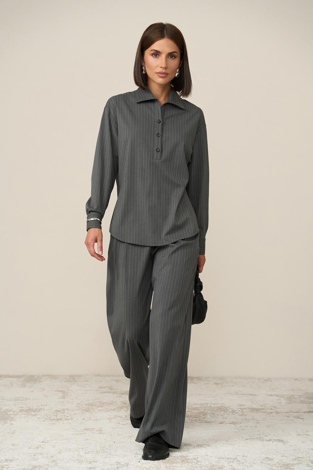 Pinstripe Polo Collar Shirt Button Front Business Casual